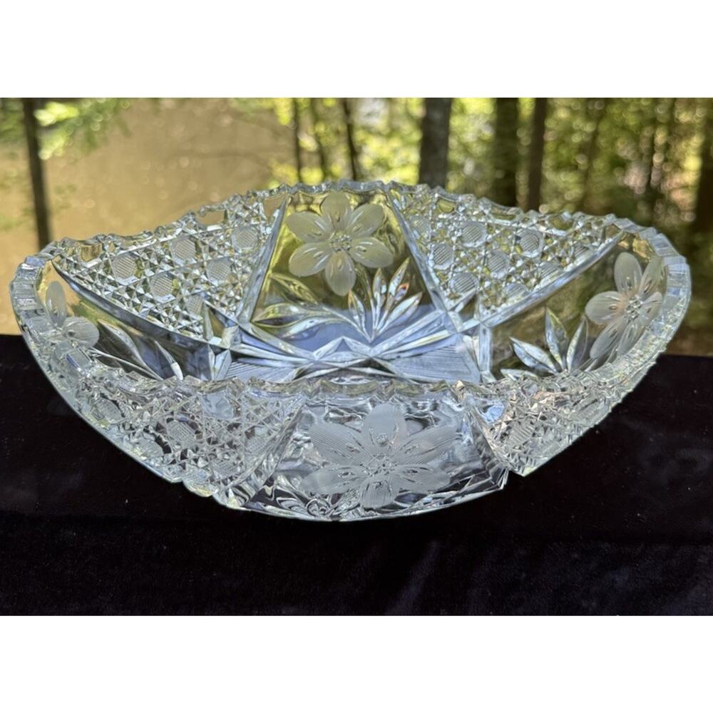 Stunning Elegant Footed Crystal Rose Bowl Unsigned Cut Flowers Heavy 11” Long